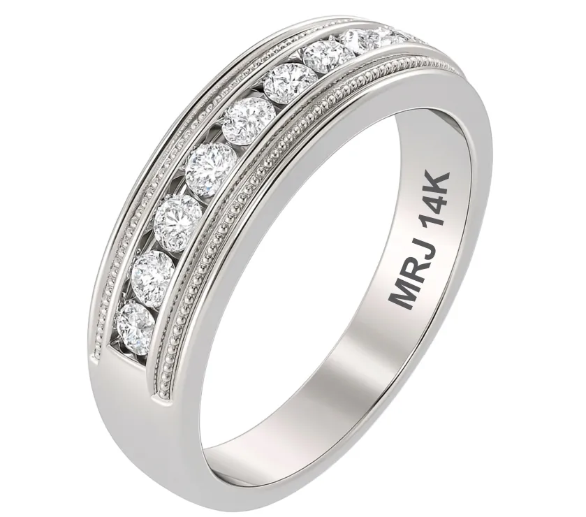 Diamond Ten-Stone Channel Men's Wedding Milgrain Band Ring 14K